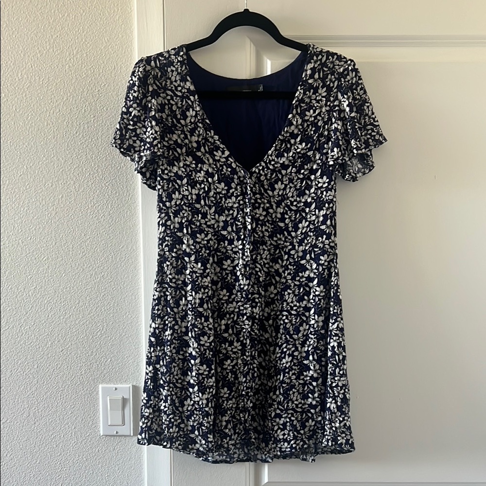 MINKPINK Floral V-Neck Dress in Navy and White